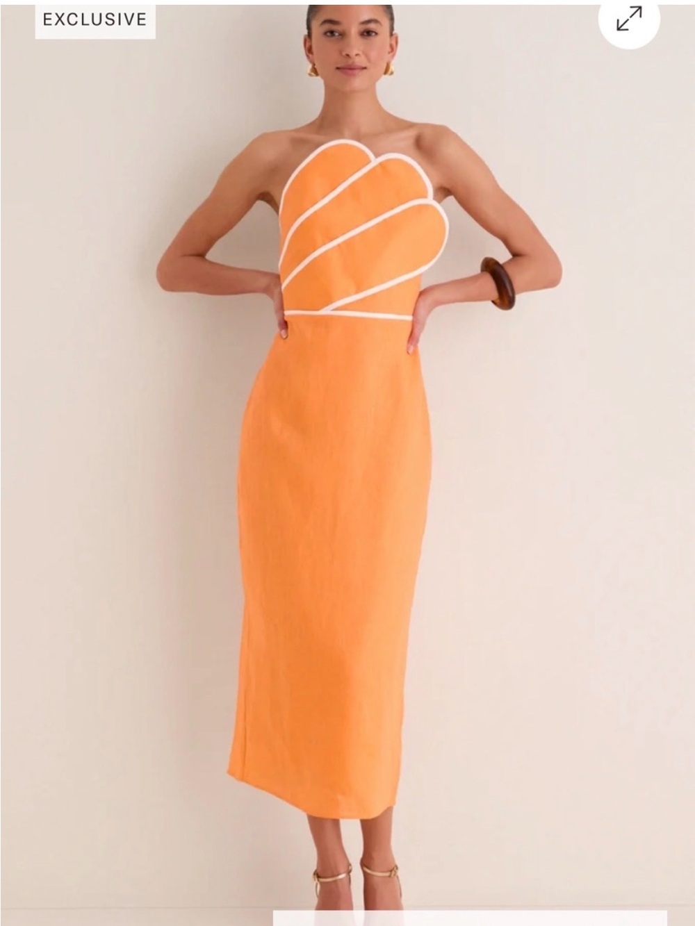 English Factory for Tuckernut Strapless Orange Midi Dress with White Piping